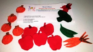 Playing with play food help children choose to try different colors of new foods. Theese are felt. Hand made from designs by Malika Bourne.
