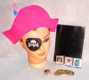 Get the Pirate Party started with the basics: hot pink felt . Great for dramatic play- pirate hat; 3 tatoos :rubber pirate ring; fake gold coins: cake bag. All and more from No Non-cents Nanna's Heatt Felt Play Store. Shopify Store : re-opening soon. watch for grand opening.