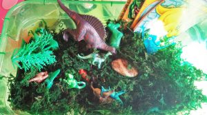 Dinosaur Sesnory Play Box fromHeart Felt Play Store: various sizes and textures of plastic dinosaurs; frog moss to dig thru', rocks, plastic trees. See post