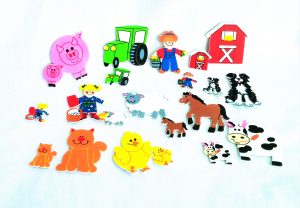Foam Farm Stickers: pig, tractor, barn, farmer, dog, horse, chick, cat, farm girl, cow; 2 of each-large and small